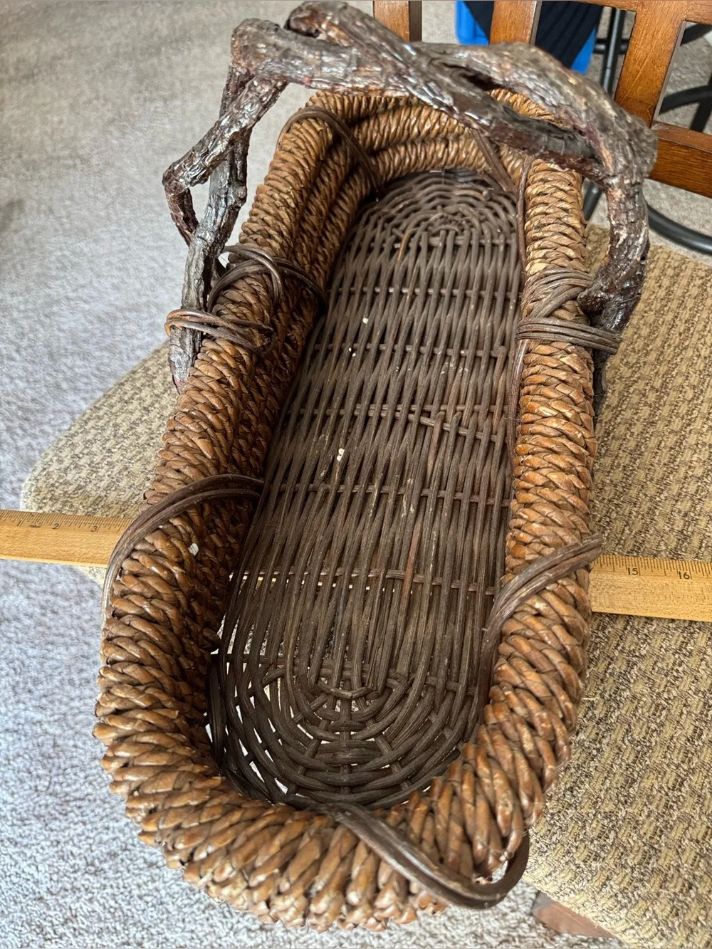 Rustic Farmhouse Twisted Willow Handle Basket Long Gathering Grapevine Rattan